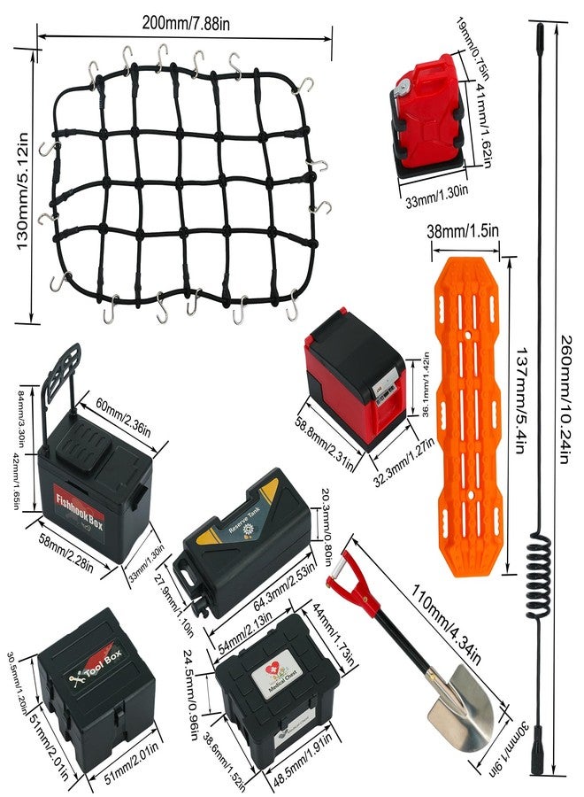 POLANTA 11Pcs Roof Rack Accessories Set Simulation Luggage Net/Fuel Tanks/Shovel/Recovery Boards/Fishing Boxes Tool Case/Antennas Compatible with 1/10 Scale RC Crawler TRX4 TRX6/SCX10/Gen7 Gen8 - Image 5